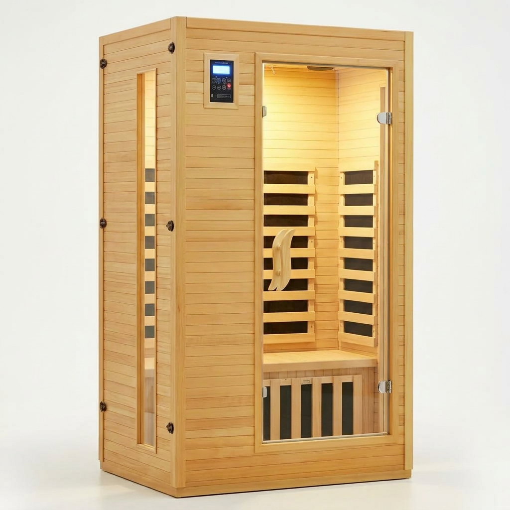 2024 Upgrade 1 to 2 Person Infrared Sauna, Low EMF Infrared Sauna for Home, Indoor Sauna Room, Hemlock Wooden Far Infrared Sauna, Dry Sauna with Bluetooth Speakers, LED Reading and Chromotherapy Lamp — Studio Shot