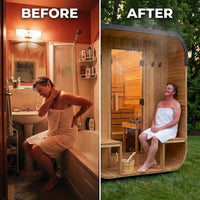 Backyard Discovery Lennon 4-6 Person Traditional Cedar Outdoor Cube Sauna with Porch, Electric Sauna Heater, Sauna Rocks, Dry Heat, Steam Sauna, LED Lights, Wi-Fi Control, Sauna Accessories — Before & After