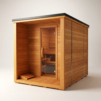 Backyard Discovery Lennon 4-6 Person Traditional Cedar Outdoor Cube Sauna with Porch, Electric Sauna Heater, Sauna Rocks, Dry Heat, Steam Sauna, LED Lights, Wi-Fi Control, Sauna Accessories — Studio Shot