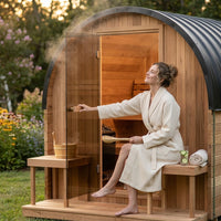Backyard Discovery Lennon 4-6 Person Traditional Cedar Outdoor Cube Sauna with Porch, Electric Sauna Heater, Sauna Rocks, Dry Heat, Steam Sauna, LED Lights, Wi-Fi Control, Sauna Accessories — Lifestyle