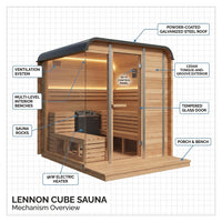 Backyard Discovery Lennon 4-6 Person Traditional Cedar Outdoor Cube Sauna with Porch, Electric Sauna Heater, Sauna Rocks, Dry Heat, Steam Sauna, LED Lights, Wi-Fi Control, Sauna Accessories — How It Works