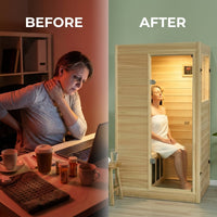 Far Infrared Sauna European Aspen Wood 1 Person Infrared Sauna for Home 905W Low EMF Mini Indoor Sauna with Bluetooth Speakers, Right Door — Before & After