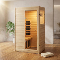 Far Infrared Sauna European Aspen Wood 1 Person Infrared Sauna for Home 905W Low EMF Mini Indoor Sauna with Bluetooth Speakers, Right Door — Studio Shot