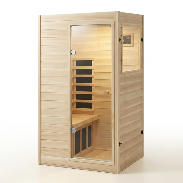 Far Infrared Sauna European Aspen Wood 1 Person Infrared Sauna for Home 905W Low EMF Mini Indoor Sauna with Bluetooth Speakers, Right Door — Studio Shot
