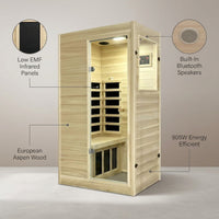 Far Infrared Sauna European Aspen Wood 1 Person Infrared Sauna for Home 905W Low EMF Mini Indoor Sauna with Bluetooth Speakers, Right Door — infographic