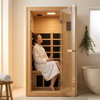 Far Infrared Sauna European Aspen Wood 1 Person Infrared Sauna for Home 905W Low EMF Mini Indoor Sauna with Bluetooth Speakers, Right Door — Lifestyle