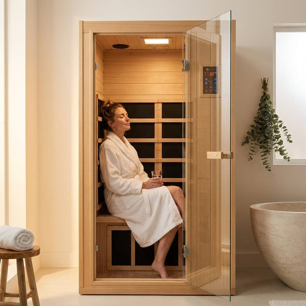 Infrared Sauna Built for Daily Wellness, European Aspen Wood, 5 Low EMF Carbon Panels, Bluetooth Speakers