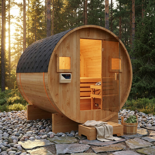 Outdoor Traditional Sauna, 4-6 Person Wooden Sauna, Steam Wet Wood Sauna with 220V with 6KW Heater, Sauna Stone, Thermometer — Studio Shot