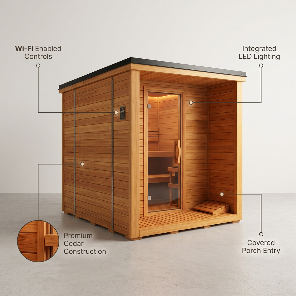 Traditional Cedar Outdoor Sauna Built for 4-6 People, Electric Heater, Wi-Fi Control, LED Lights, Porch Design — infographic