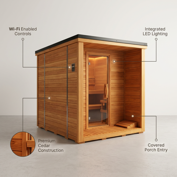 Traditional Cedar Outdoor Sauna Built for 4-6 People, Electric Heater, Wi-Fi Control, LED Lights, Porch Design — infographic